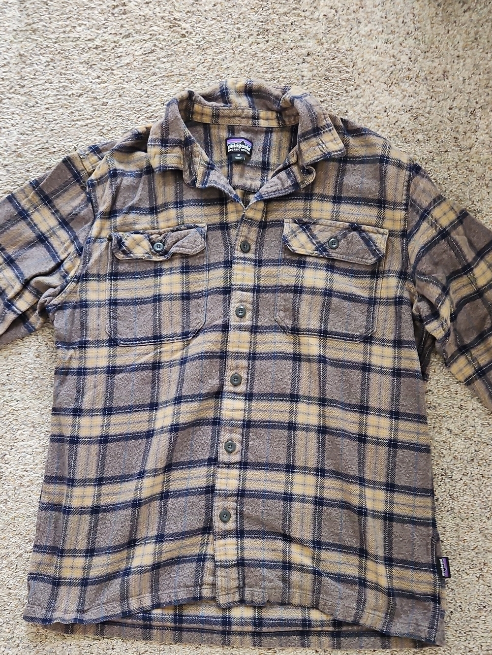 Patagonia Plaid Long-Sleeve Button-Up in Tan and Navy
